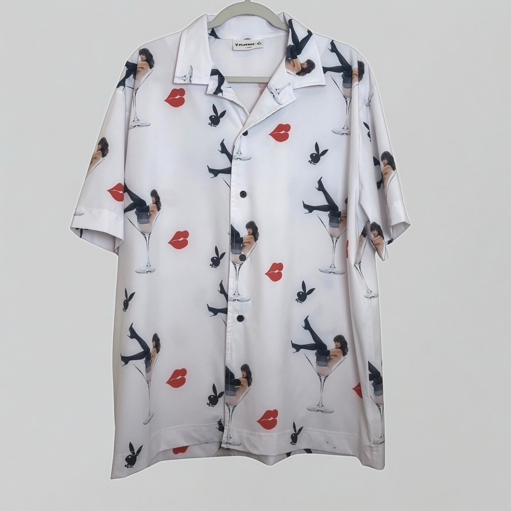 Playboy by Culture Kings Party Cocktail Shirt Size Large Relaxed Fit Camp Collar - Picture 4 of 12